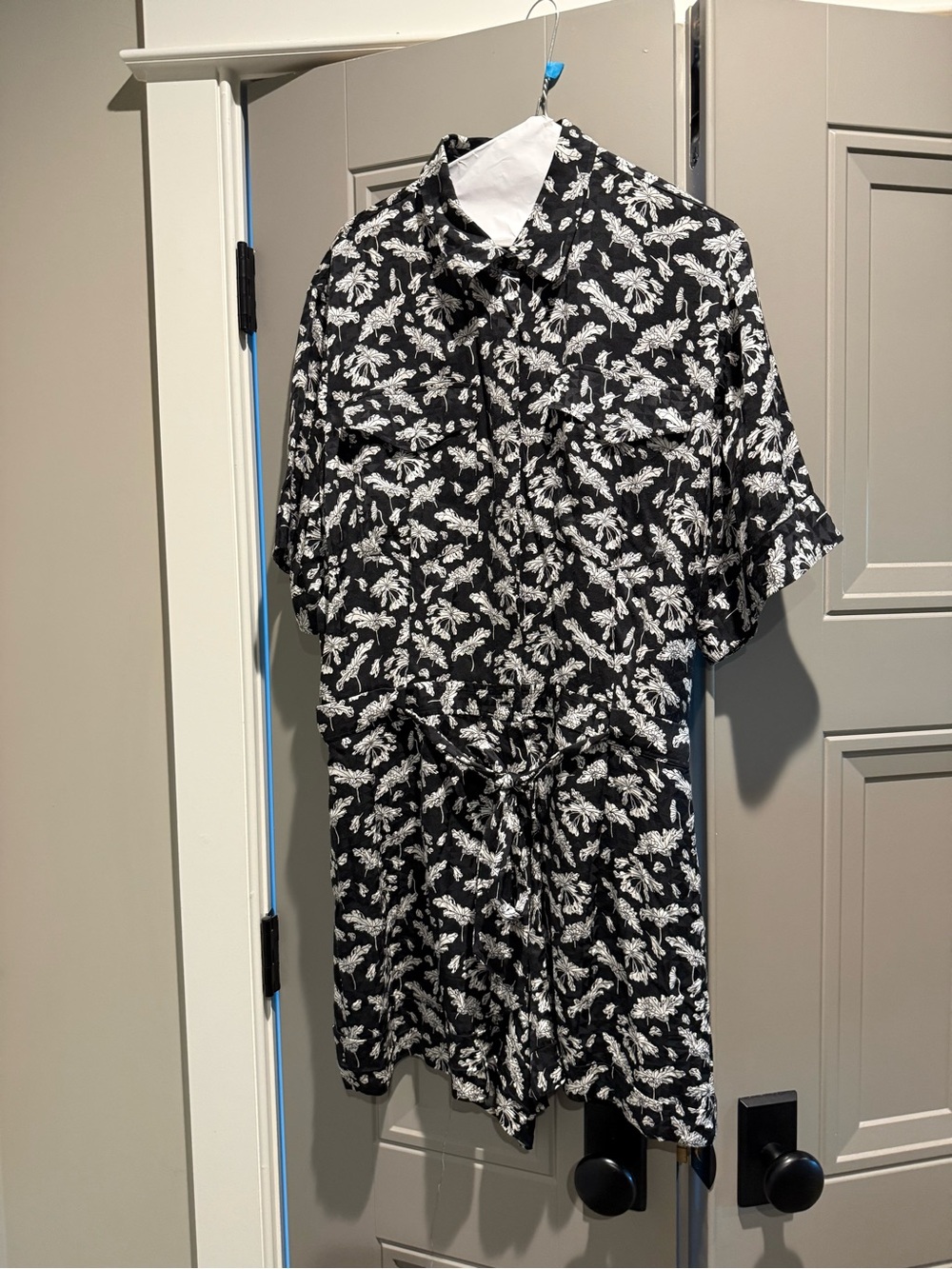 Rag & Bone Black and White Short-Sleeve Button-Down Romper with Botanical Print